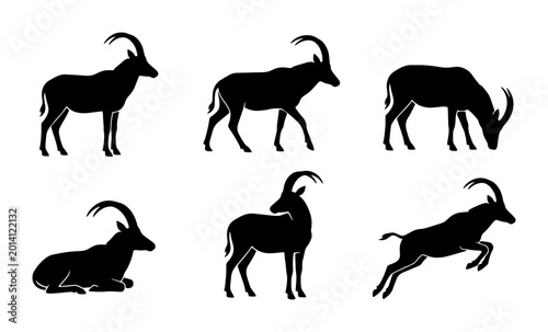 Canvas Print Set of Six Black Antelope Silhouettes, Wildlife Vector Icons, Elegant Animal Pos