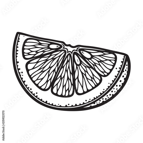 Black and white line drawing of a fresh orange fruit slice