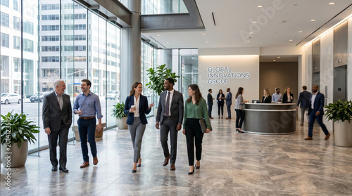 Diverse Coworkers Socializing During Coffee Break in Modern Office Kitchen