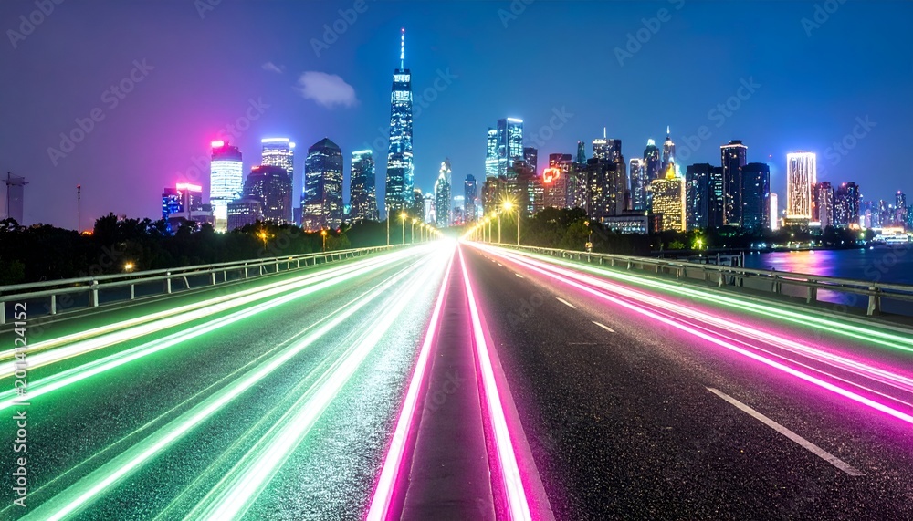 Fototapeta premium City skyline at night with neon light trails from cars on road, long exposure