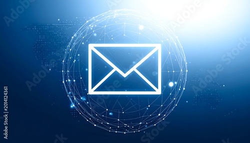 Glowing email icon enclosed in a dotted spherical network on blue background