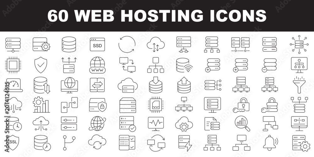 Fototapeta premium Web hosting icons set representing servers, domains, cloud storage, websites, data hosting, network and online services. Editable Stroke.