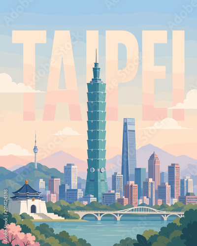 Flat vector illustration of Taipei 101 with skyline silhouette and large soft Taipei text in a minimal tourism poster layout.