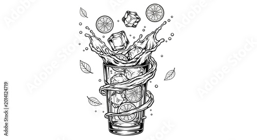 Quadro su tela Refreshing Cocktail Splash with Ice and Citrus Slices Hand-Drawn Illustration