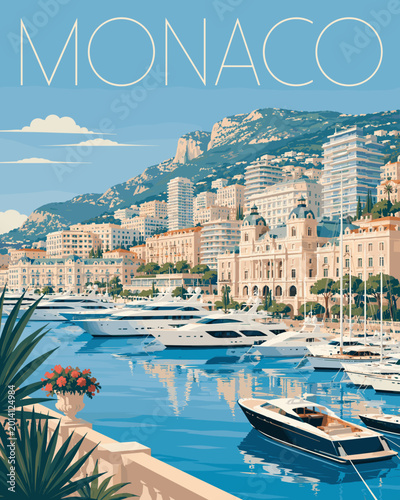 Minimal vector illustration of Monaco harbor with yachts, marina skyline and large Monaco text in thin line luxury travel style.