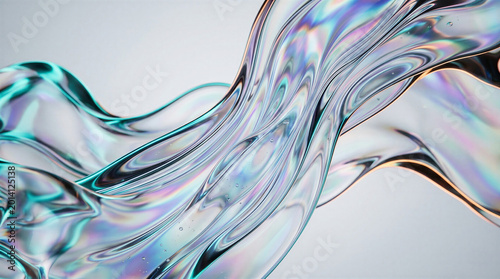 Macro shot of a flowing iridescent transparent liquid wave with air bubbles.