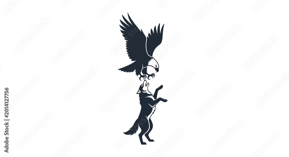 Obraz premium Eagle attacking wolf silhouette, predator wildlife concept, struggle for survival