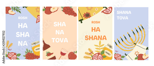 Abstract modern Happy Rosh Hashanah cards set. Vector illustration of harvest elements honey jar, pomegranate and apple, menorah and torah scroll. Jewish holiday cards in cartoon flat style.