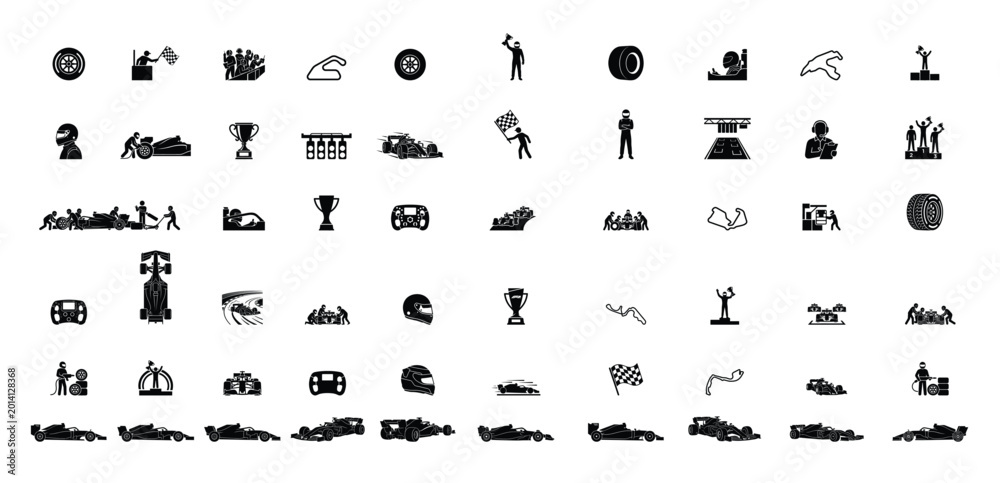Fototapeta premium Formula One Racing Silhouette Icons Collection with F1 Cars Drivers and Motorsport Symbols