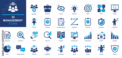 Management icon set. business, analytics, strategy, leadership, productivity. solid style icon collection.