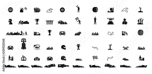Formula One Racing Silhouette Icons Collection with F1 Cars Drivers and Motorsport Symbols
