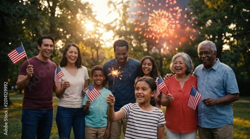 Family Celebrates USA Independence Day with Fireworks and Sparklers