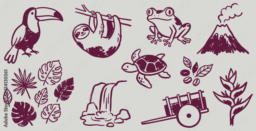 Fototapeta premium Collection of hand-drawn tropical elements including a toucan, sloth, frog, turtle, volcano, waterfall, cart, and plants.