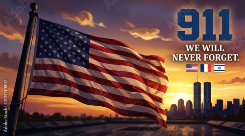 Patriot day remembrance american flag waves before new york city skyline 9 11 memorial