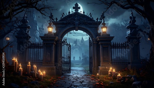 Spooky gothic cemetery gate bathed in moonlight, candles marking the entry