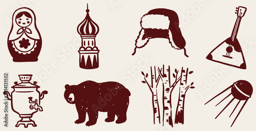 Fotografie Collection of Russian cultural icons and symbols, including a Matryoshka doll, St