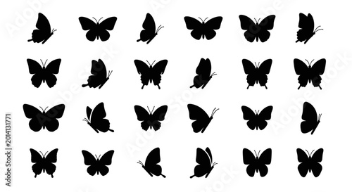 Collection of Black Butterfly Silhouettes on a White Background, Showcasing Various Poses and Angles