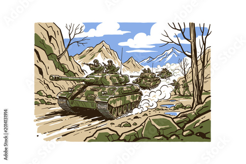 Tableau sur toile Military tank convoy moving through mountain pass
