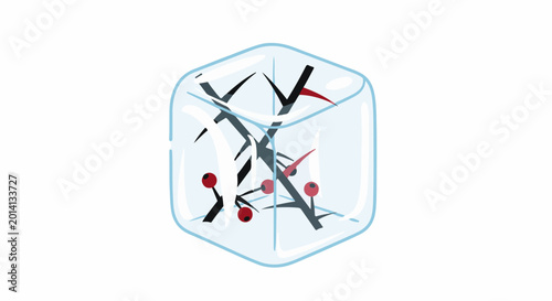 Delicate ice cube encases prickly branch with vibrant red berries