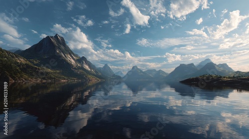 Serene Mountainscape: Tranquil waters mirror towering mountain peaks under a vast sky dotted with soft clouds, evoking a sense of calm and natural grandeur.