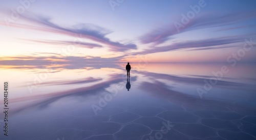 Solitude at Sunrise on Salt Flat Salt Flat Sunrise Reflection Landscape Nature Travel Serenity. Concept featuring salt flat, sunrise, reflection, landscape, nature for professional commercial design.