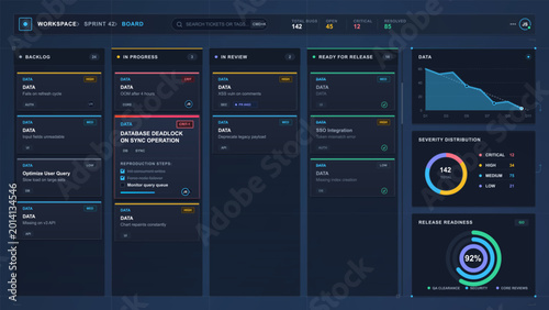 Photos Futuristic bug tracking kanban dashboard interface with sprint board columns, is