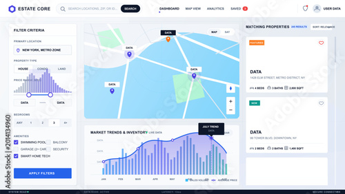 Fotografia Clean light real estate search dashboard interface with map pins, filter panel,