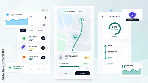 Tableau sur toile Medical cold chain delivery app screens with inventory list, live route map, order status tracker, cargo temperature bar, and verified lab badge