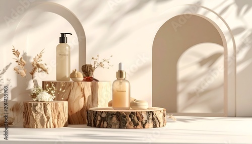Serene product display, beige tones, wood pedestals, shadows, dried flowers