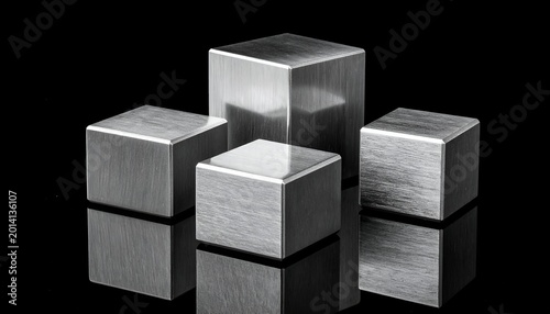 Four metallic cubes, various sizes, on a reflective black surface