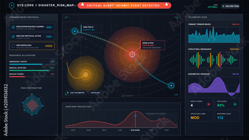 Фотография Dark disaster risk dashboard vector interface with seismic event alert, evacuati