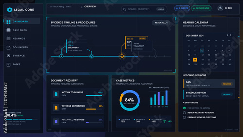 Tableau sur toile Futuristic legal case management dashboard with evidence timeline, hearing calendar, document registry, case metrics and action item widgets