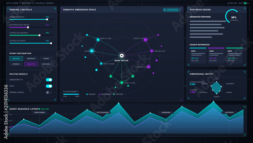 Tableau sur toile Dark semantic search admin dashboard with embedding space map, ranking controls,
