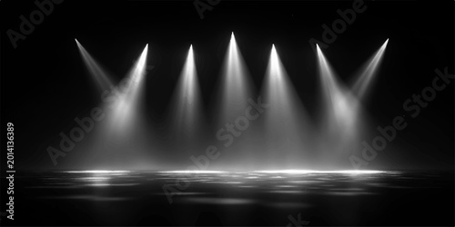 Obraz na plátně Illuminating the stage with brilliant white spotlights against a stark black backdrop, creating a dramatic interplay of light and shadow and a sense of suspense