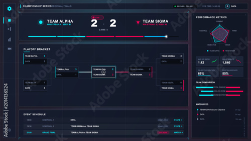 Cuadro en lienzo Dark esports tournament dashboard interface with live team score, playoff bracke