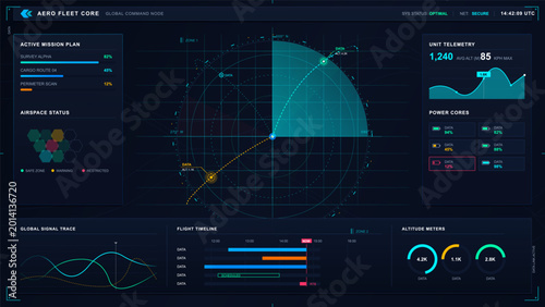 Obraz na płótnie Dark aerospace fleet command dashboard with radar navigation map, mission plan,