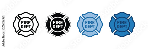 Fotografie Maltese cross emblems collection symbolizing fire department with “fire dept” text in black, white, and blue variations for emergency service identity design