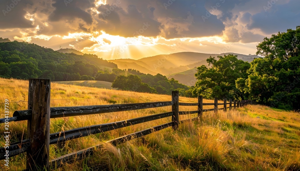 Obraz premium Golden light shines through clouds over rolling hills and a wooden fence