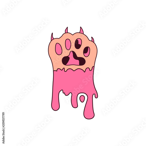 Cat's paw with claws; cute Valentine's Day card; love; hand-drawn vector children's illustration; cartoon style. Pet, pink, white background; Cat Day; for veterinary clinic prints; covers; and more.