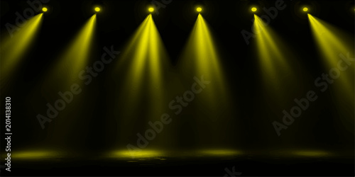 Canvastavla Bright yellow spotlights illuminating an empty stage