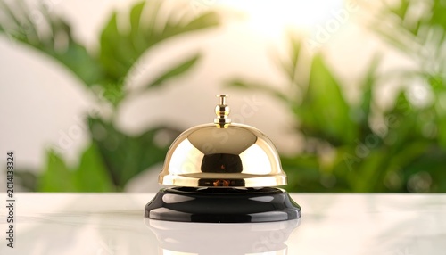 Brass bell on counter, green foliage background, illuminated by sunlight