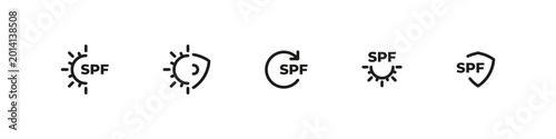 SPF protection vector outline icon set. Sun care, UV safety, and skin defense collection