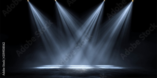 Cuadro en lienzo Three bright spotlights cast powerful beams of light onto a stage, creating a dramatic atmosphere perfect for showcasing a focal point, the image evokes a sense of anticipation and spectacle