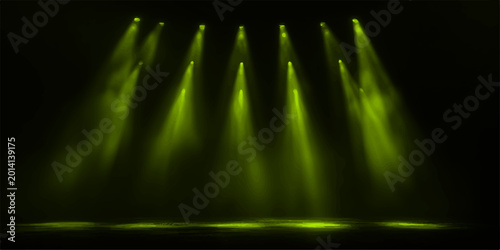 Foto Intriguing stage with vibrant light beams casting an atmosphere of suspense and allure, igniting the senses with its visual charm