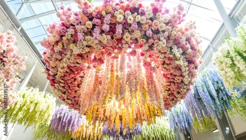 Overhead floral arrangement with cascading wisteria under glass roof