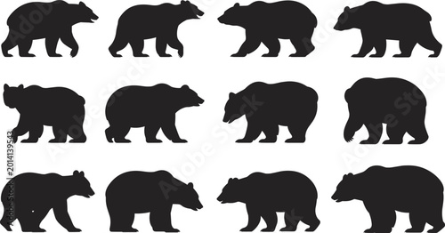 Photos bear silhouette set, wild animal black bear collection, walking grizzly wildlife
