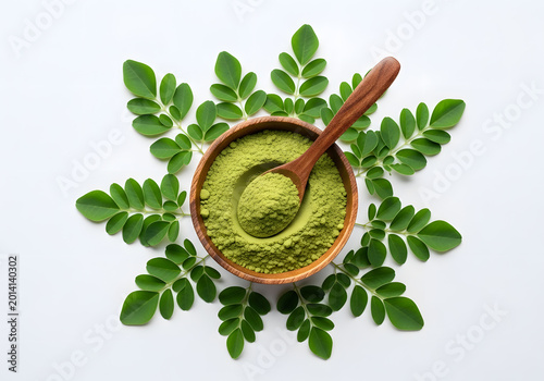 Organic Moringa Powder in Wooden Bowl with Fresh Green Leaves 