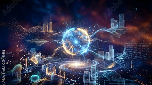 Abstract futuristic glowing energy sphere hovering over a modern digital city landscape.