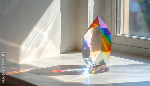 Light refracts through clear prism on white windowsill, creating rainbows