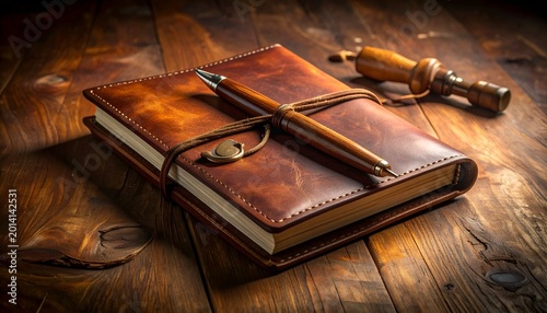 Brown leather journal, pen, and wooden spool on rustic wood grain surface